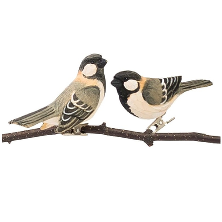 2 wood carved chickadee ornaments with clips.