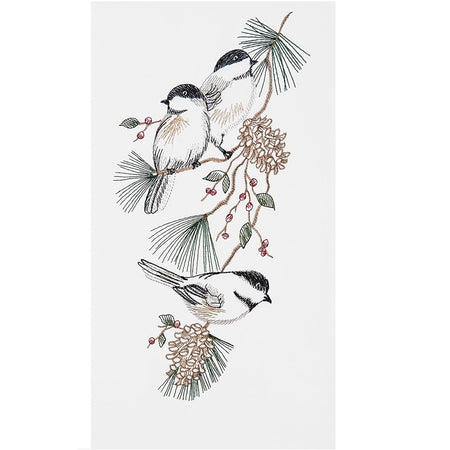 C&F Home Chickadees Flour Sack Kitchen Towel 18x27 embroidered winter birds pine berries white