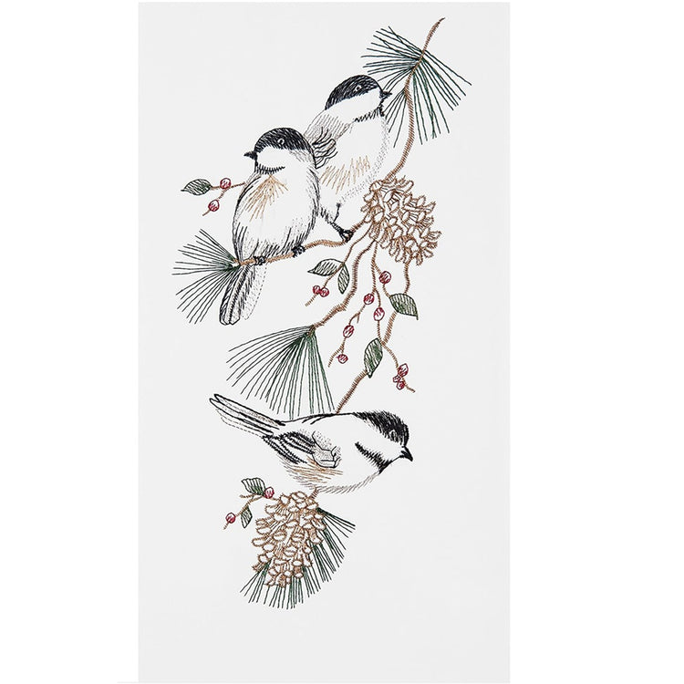 C&F Home Chickadees Flour Sack Kitchen Towel 18x27 embroidered winter birds pine berries white