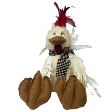 Plush rooster figurine with a red crest and checkered scarf on a white background