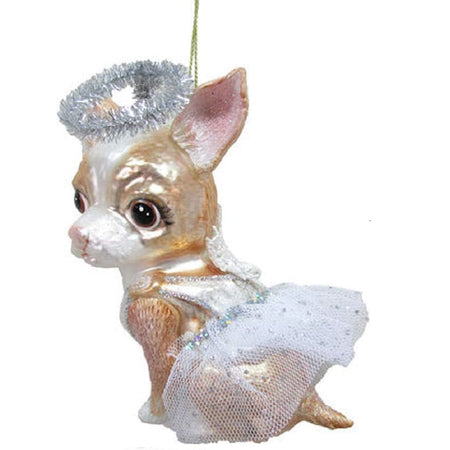 Ornament shaped like a chihuahua wearing a halo and tutu.