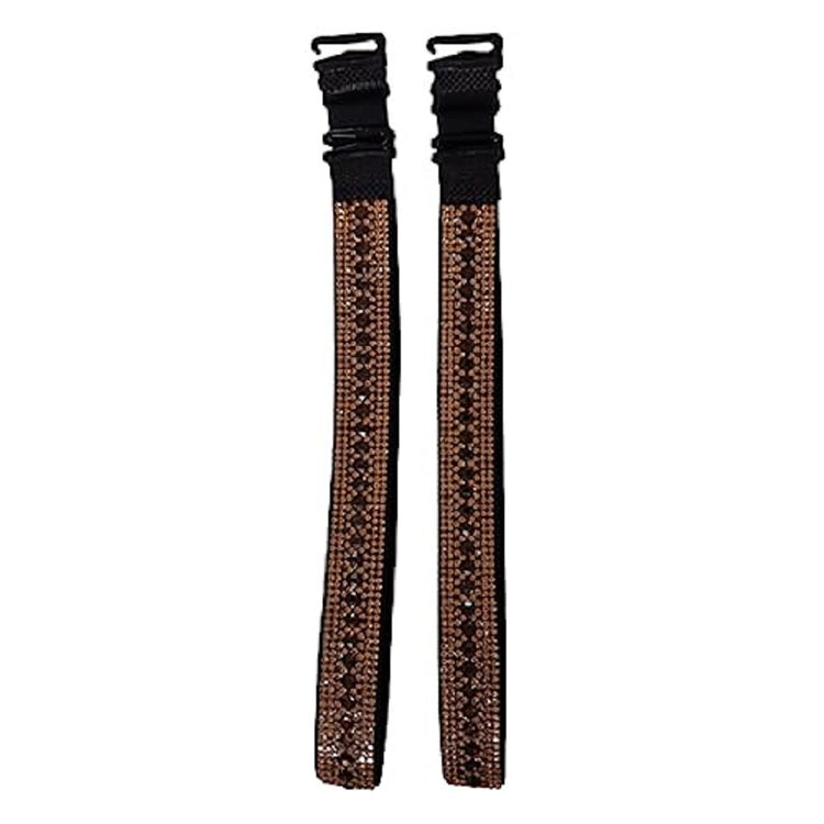 2 bra straps with brown and black crystal covering.
