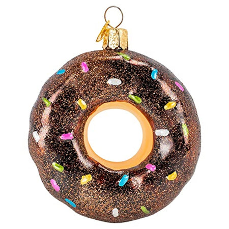 Hanging ornament in the shape of a donut with brown top like frosted in chocolate with sprinkles