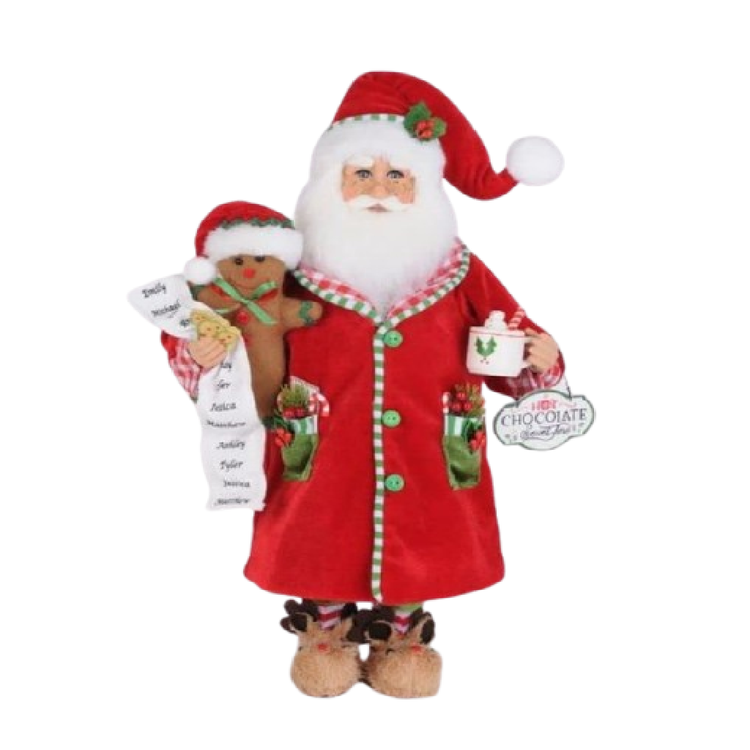 Decorative Santa Claus figure holding a cup and a gingerbread man on a white background
