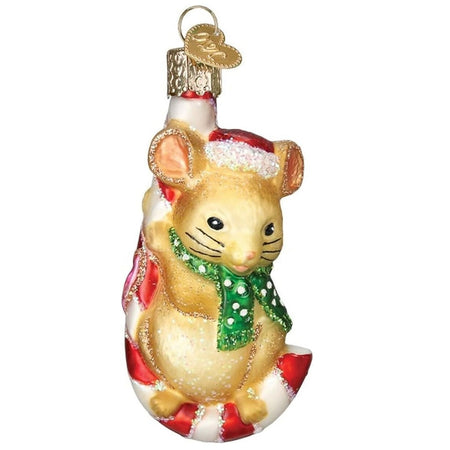 blown glass ornament of a mouse wearing green scarf and red santa hat, sitting in an upside down candy cane.