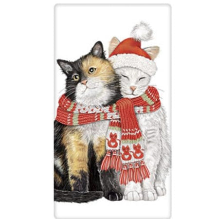 White kitchen towel with 2 cats cuddling. One is black, brown and white nad one is whtie. They share a christmas sweater and the white cat wears a santa type hat