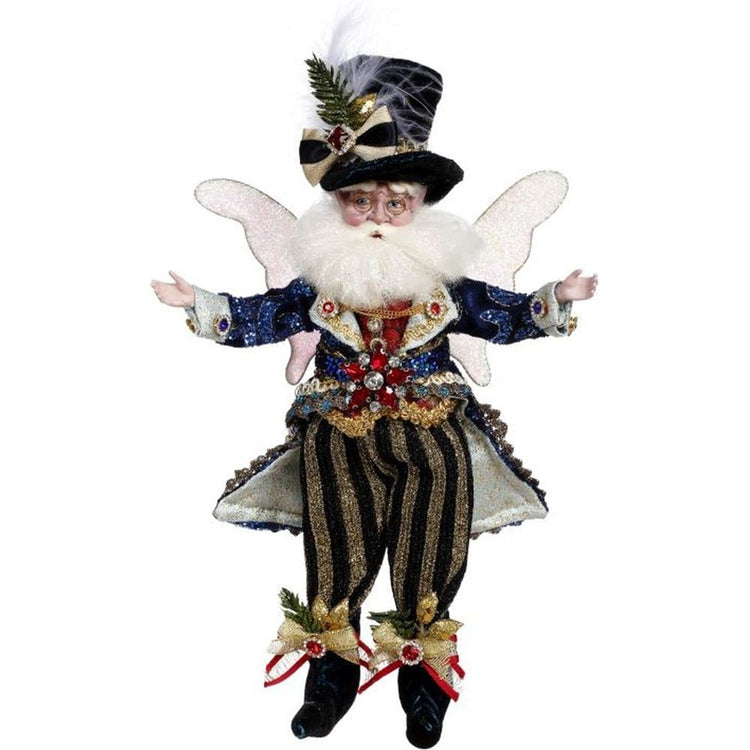 Fairy figure with wings. He wears a black top hat with feathers, beaded shirt/vest with striped pants, black booties goid bows.