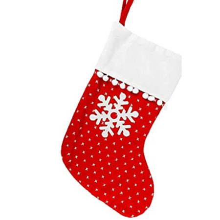 Red stocking with white trim, polka dots and snowflake.  Pom pom fringe on white cuff.