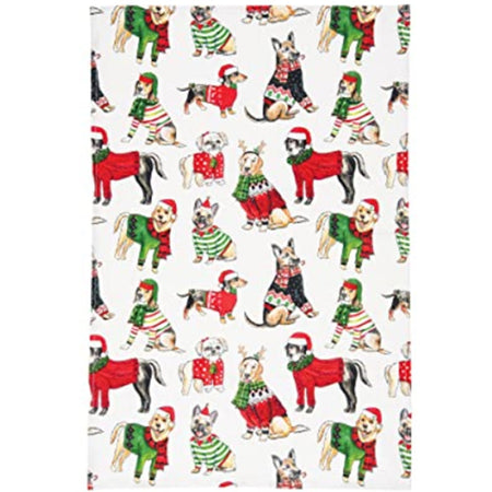 White kitchen towel with lots of dogs in christmas sweaters all green, red and white. Some dogs wearing stocking caps or reindeer antlers.