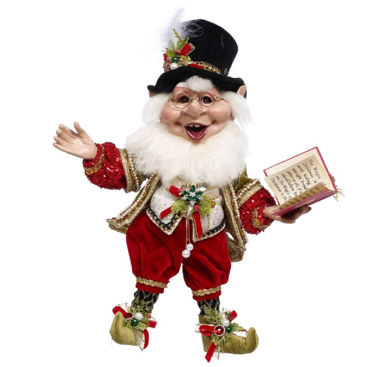 Decorative figure of an elf-like character with a book on a white background