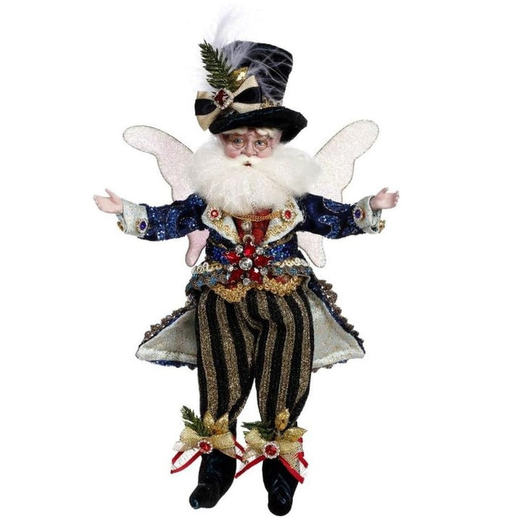 bearded fairy weraring top hat, sequined blue coat with tails, and striped pants.