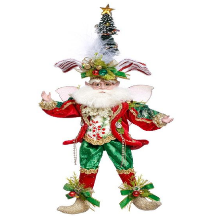 bearded fairy with red and green suit, wearing a hat made of a christmas tree.