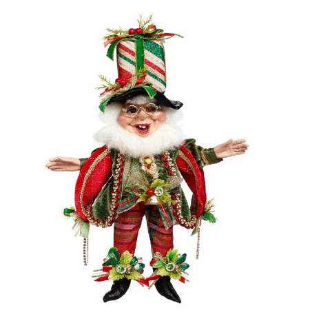 Decorative Christmas elf figurine with a striped present hat on a white background