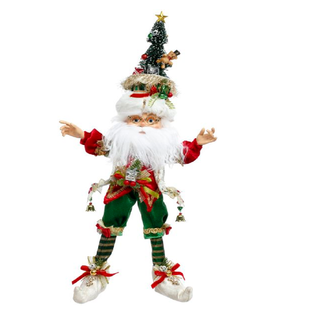 bearded elf wearing green pants and a hat made of a christmas tree.