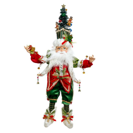 bearded elf wearing red coat and green pants adorned with bells, and a hat made of a Christmas tree.