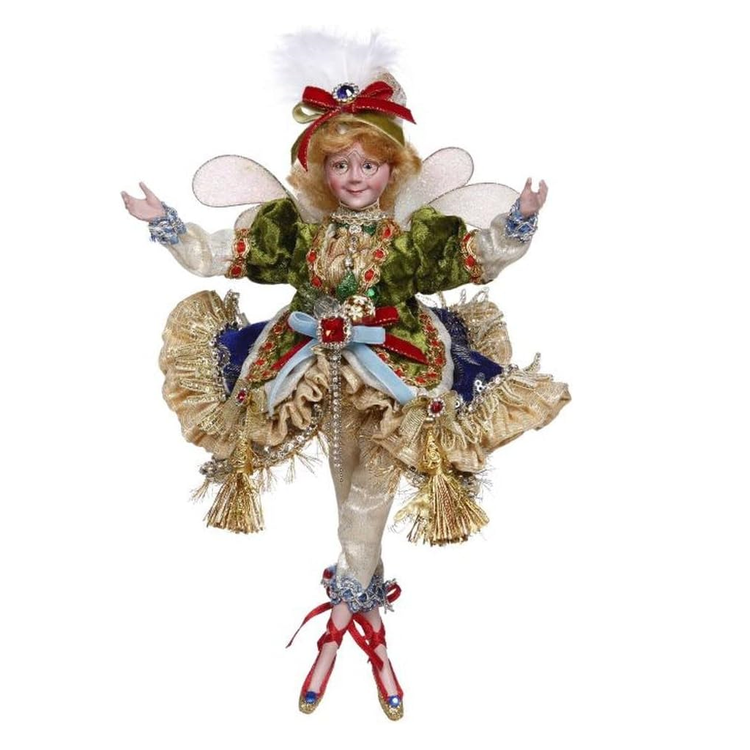 Fairy girl in gold blue and green dress with red bow.