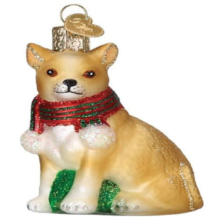 blown glass ornament shaped like a chubby chihuahua wearing a winter scarf.