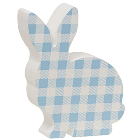 bunny shaped block sign with blue and white checks