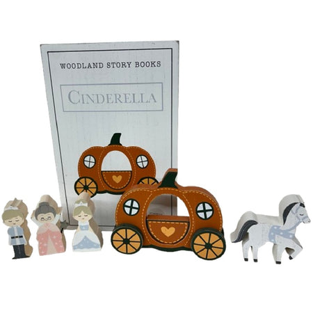 Bookshelf type book titled Woodland Story Books Cinderella and 5 peices dipicting the story: Prince, Cinderella, Godmother, horse and carriage