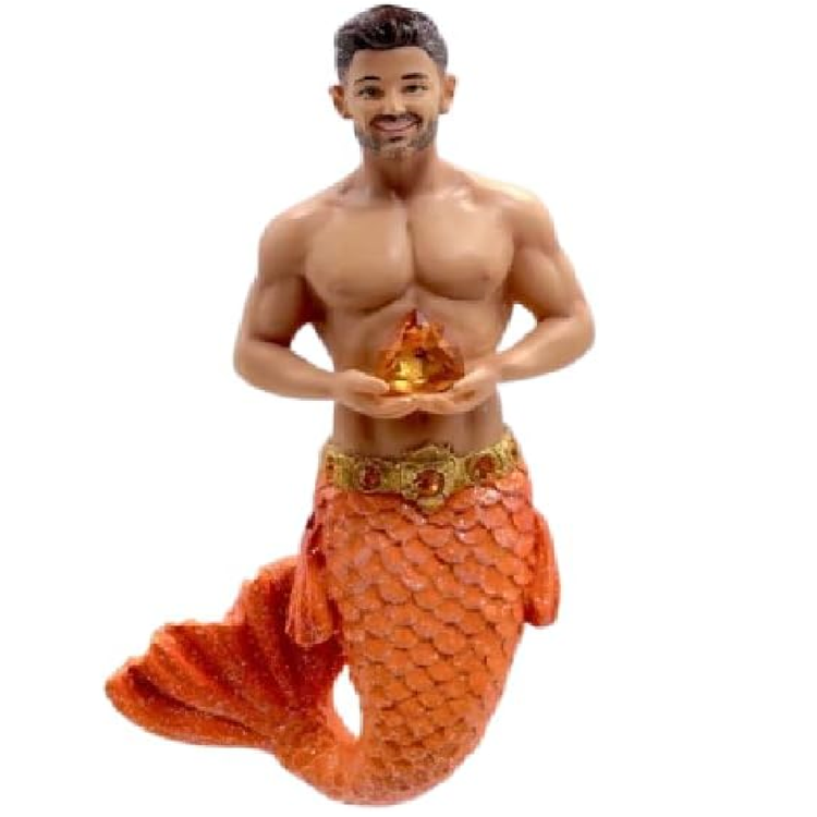 Merman figure with orange tail and gold belt holding a crystal on a white background