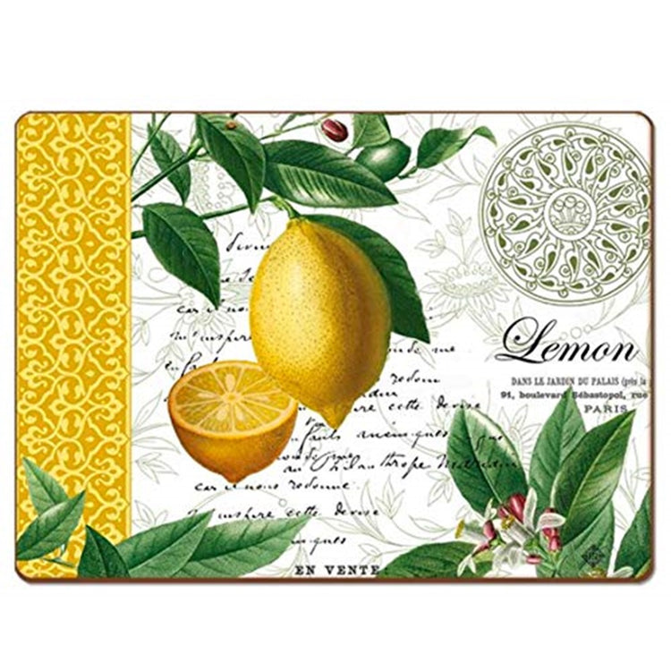 White rectangle palcemat with yellow border on left, lemons on branches and tex that is decor only, not readable and the word Lemon