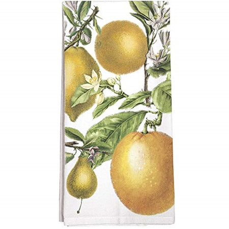 Folded white kitchen towel with branches of citrus, leaves and blooms