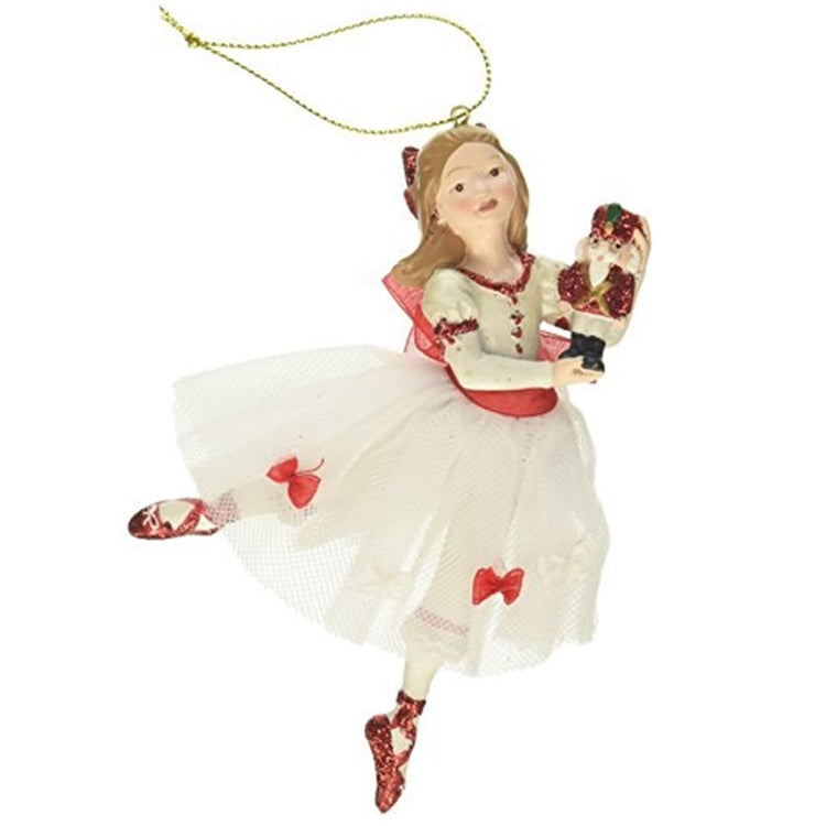 Clara girl ornament wearing red glitter ballet toe shoes, a white dress and holding a nutcracker