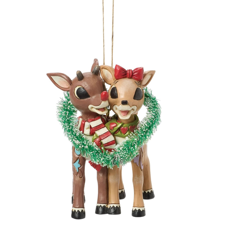 Hanging ornament of Rudolph and Clarice with a heart shaped wreath.