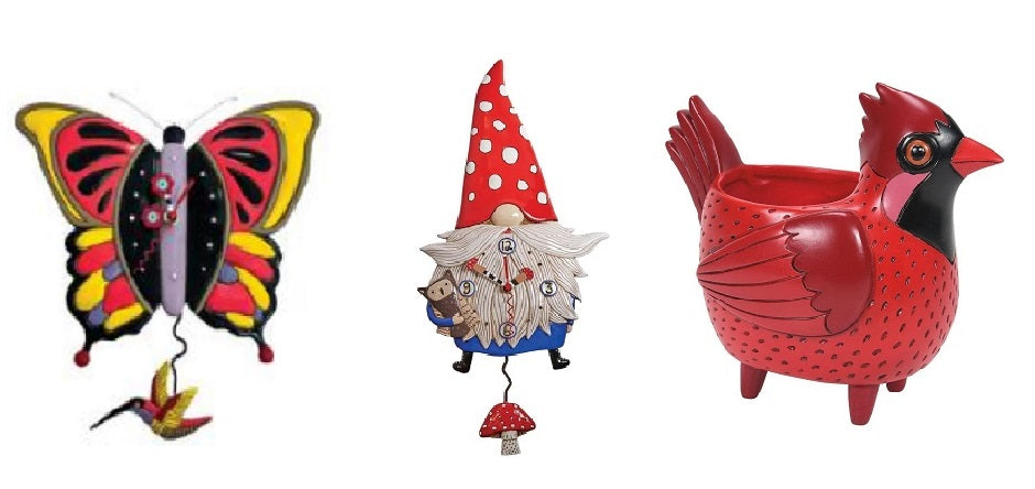 2 clocks, butterfly design with hummingbird pendulum and gnome design with mushroom pendulum and a red cardinal shaped planter