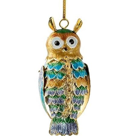 Owl shapped hanging ornament  in gold with shades of green and blue.