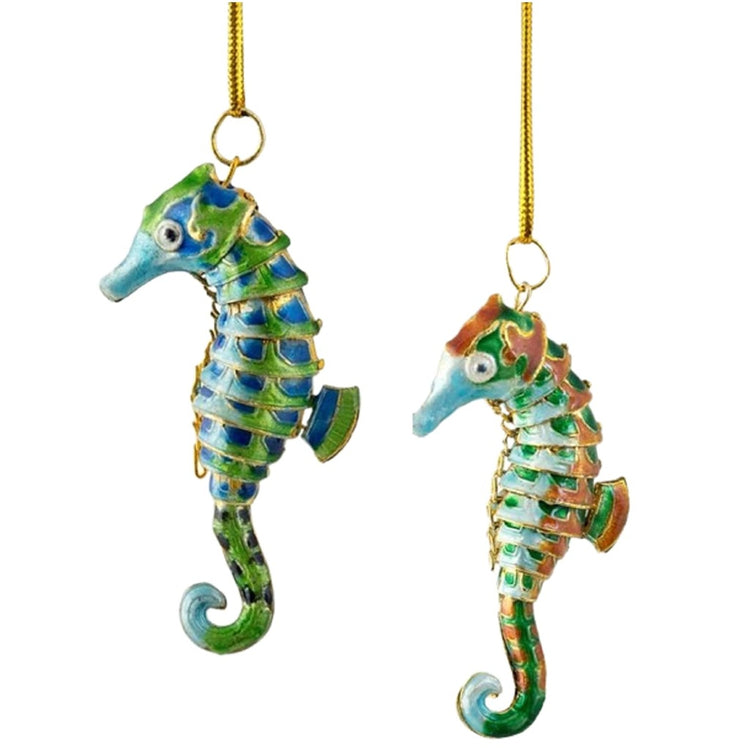 Cloisonné articulated seahorse ornaments set of 2 enamel copper gold plated 3 inch