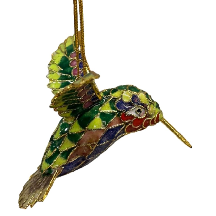 cloisonne hummingbird ornament painted in green, yellow, blue and red.