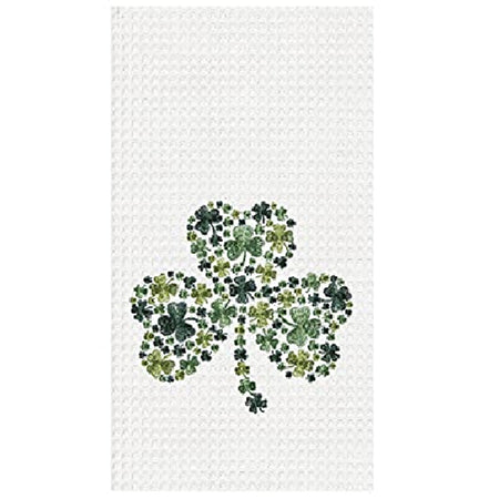 white waffle weave towel with various sizes of green shamrocks in the shape of a larger shamrock