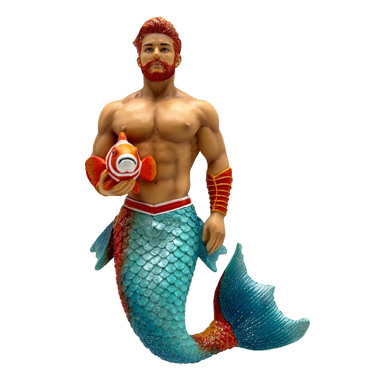 merman with red hair and beard, holding a large clown fish.