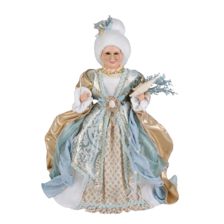 Mrs. Claus figurine wearing gold and light blue gown and holding a starfish and coral.