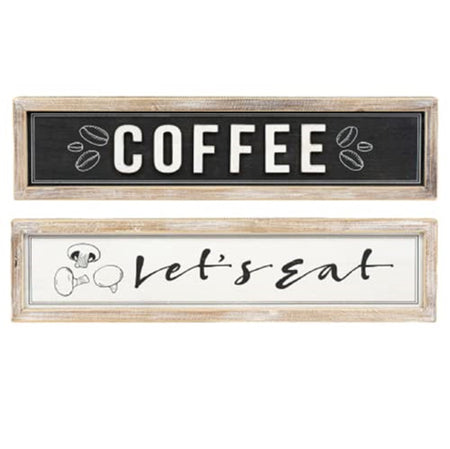 Photo shows both sides of reversible sign. One side is black with white text "coffee". One side is white with black text "Let's Eat". The white side has mushroom accents and the black side has coffee bean accents.