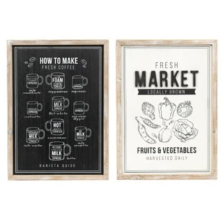 Photo shows both sides of a reversible sign. One side is white with black text that says Fresh Market, Locally grown fruits and vegetables harveted daily.  The other side is black with white letters and 10 cups of coffee and shows how to make fresh coffee. 