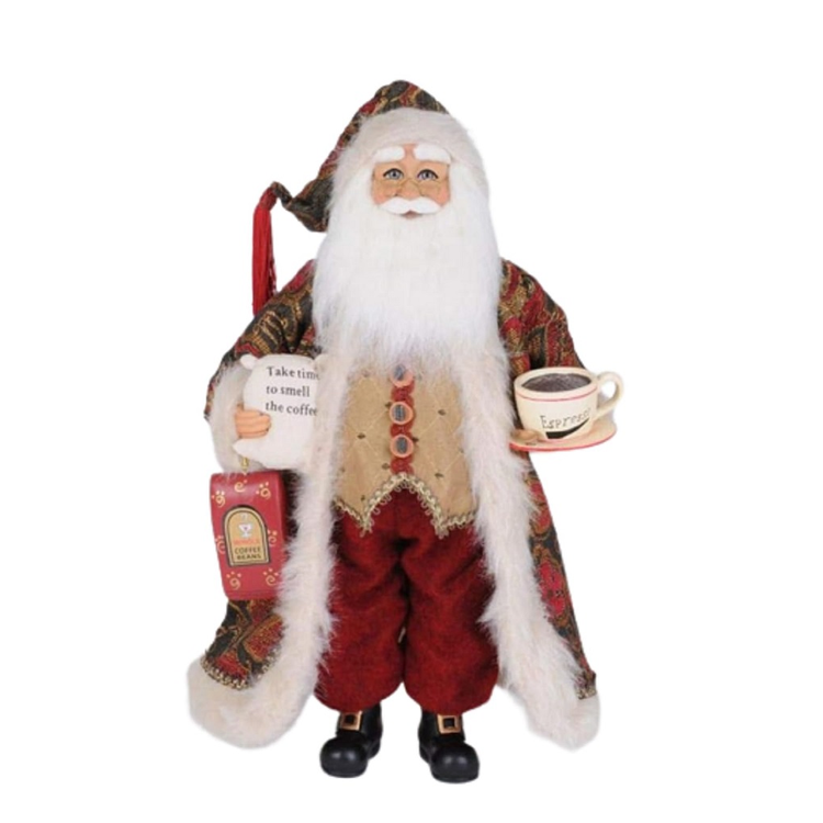 santa in a paisley patterned coat with fur trim, holding a bag of coffee beans in one hand and a cup of coffee in the other.