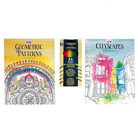 2 coloring books and a pack of 24 colored pencils.  One book has designs and leaves the other shows a city apartment scene.. 