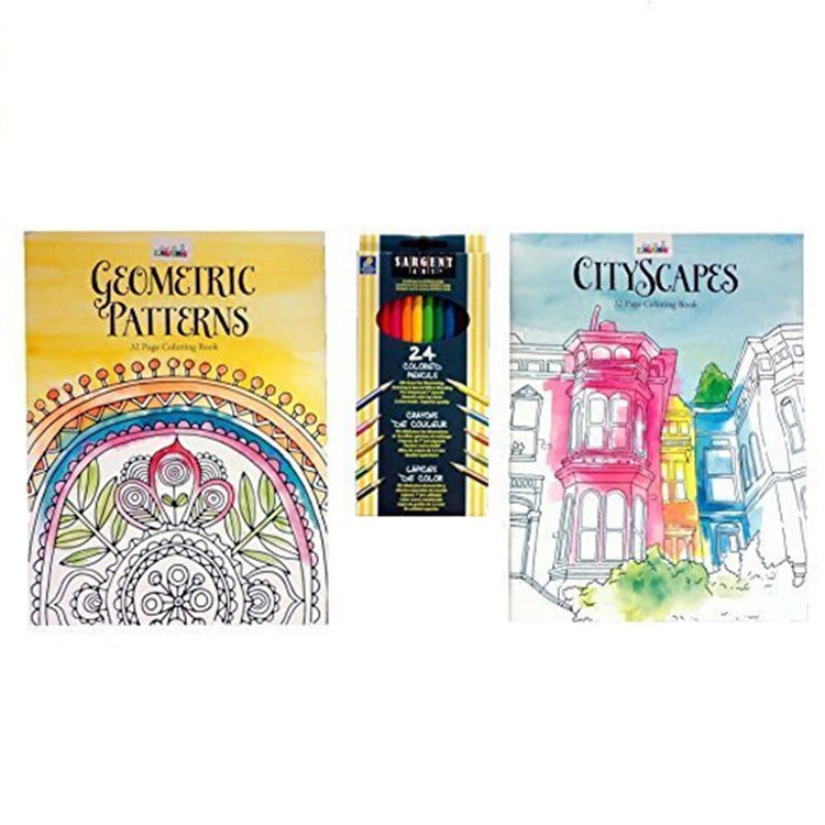 2 coloring books and a pack of 24 colored pencils.  One book has designs and leaves the other shows a city apartment scene.. 