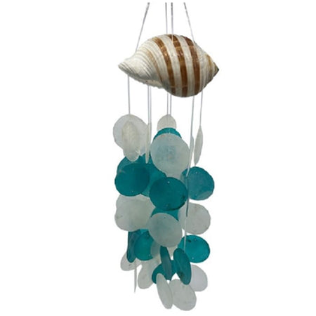 white turquoise capiz shell wind chime with conch shell top coastal hanging decor