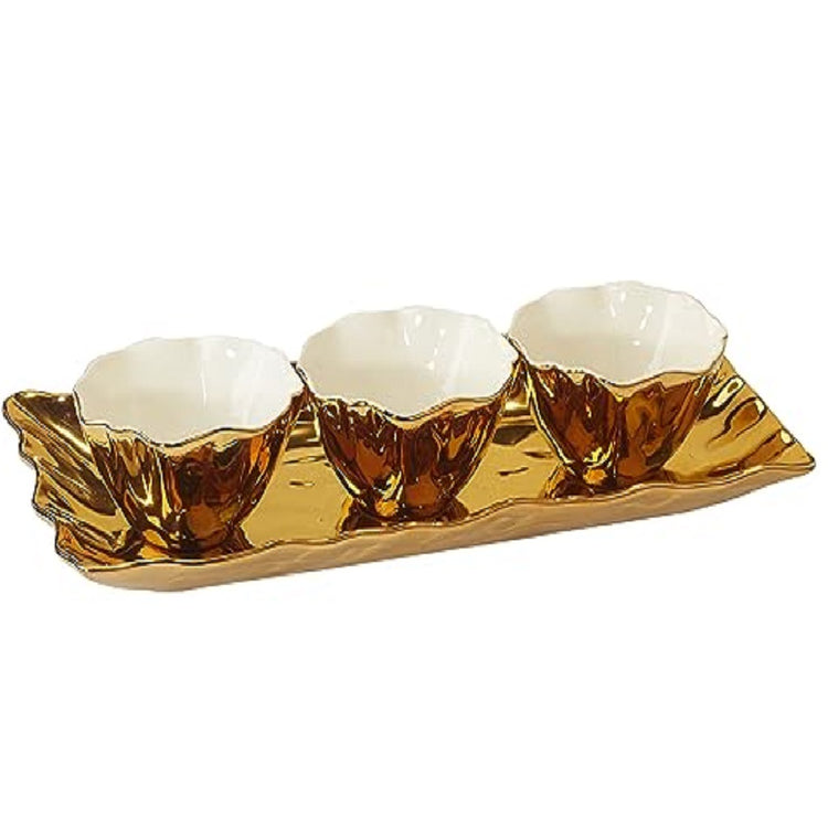 Rectangular Tray and 3 Snack Bowls, all With Scalloped Edges in gold.