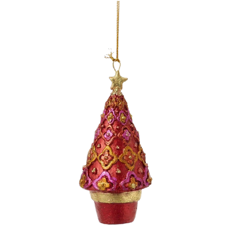 Decorative Christmas tree ornament with red and gold colors on a white background