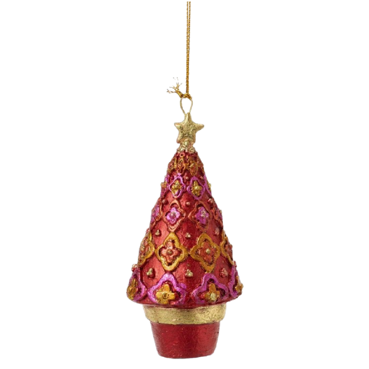 Decorative Christmas tree ornament with red and gold colors on a white background