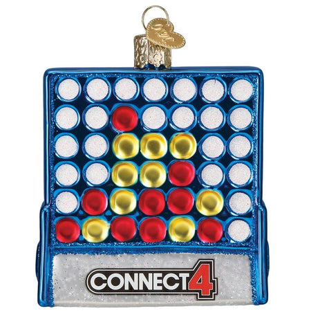 Blown glass Connect 4 board game ornament.