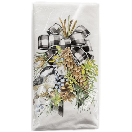 Decorative kitchen towel with a bow, birds, and nature elements on a white background