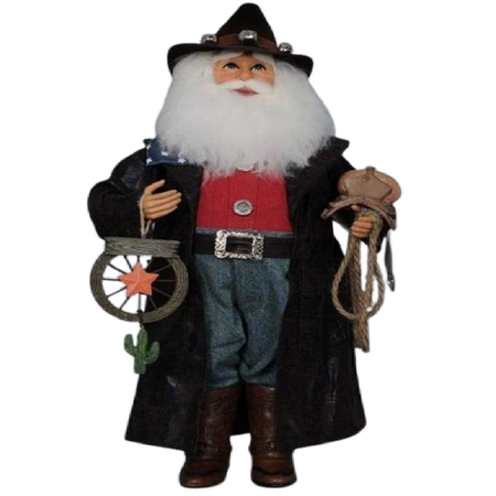 Figurine of a cowboy Santa Claus holding a lasso and star-shaped wheel on a white background