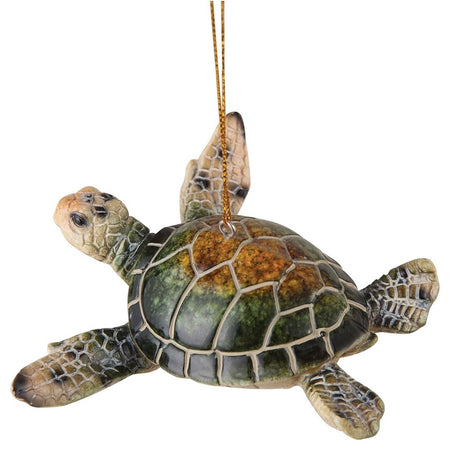 hanging resin ornament shaped like a sea turtle.