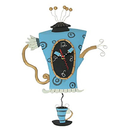 Blue teapot shaped clock with wire to look like steam coming from spout and top.  Tea cup pendulum, gold accents