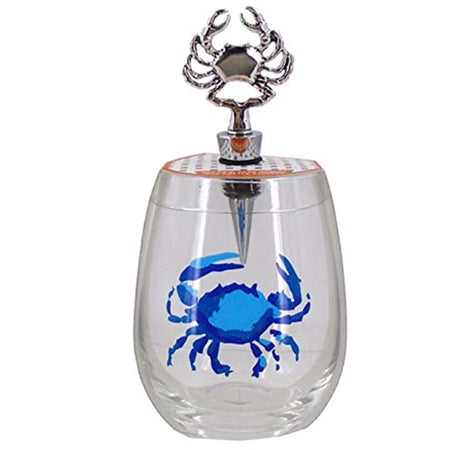 Clear stemless wine glass with blue crab design on front and a silver crab icon stopper.